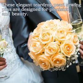 Quacc 100 PCS Corsage Pins with Box, Long Straight Wedding White Teardrop Pearl Head Boutineer Boutonniere Prom Bouquet Pins for Quilting Sewing Pinning Quilt Flower DIY Crafts (2.17")