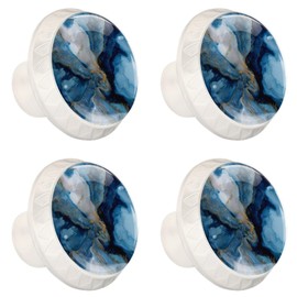 4 Pcs Blue Marble Texture Cabinet Knobs, 1.37 Inch White Dresser Drawer Knobs Round Decorative Hardware Pulls Handles for Bathroom Kitchen