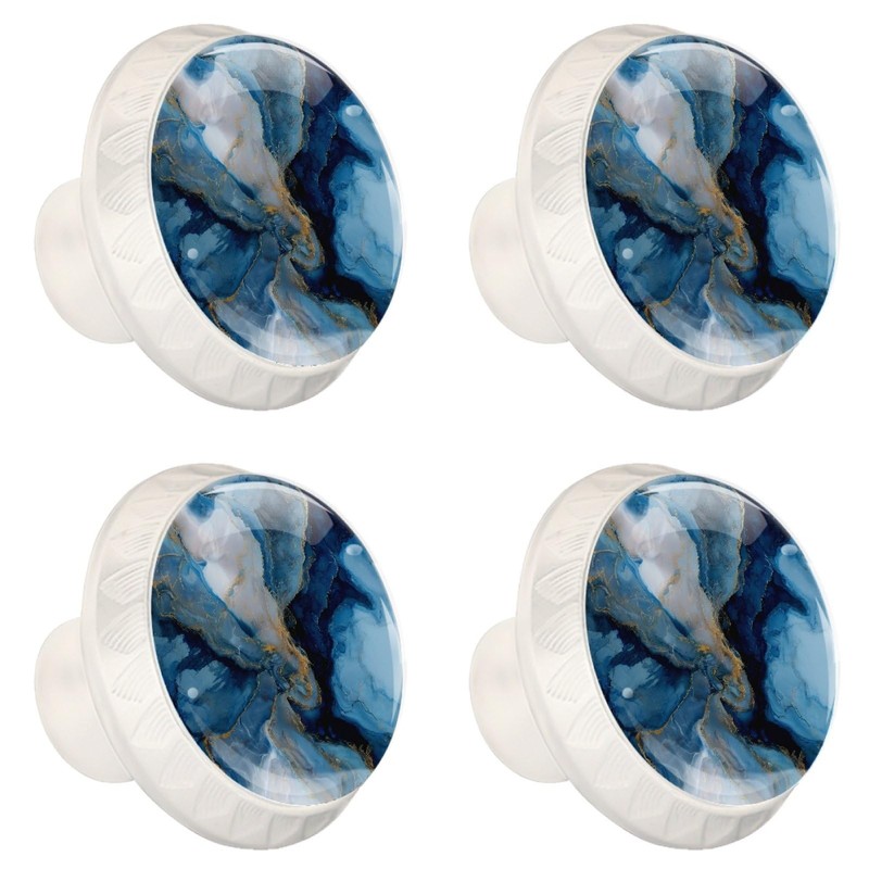 4 Pcs Blue Marble Texture Cabinet Knobs, 1.37 Inch White