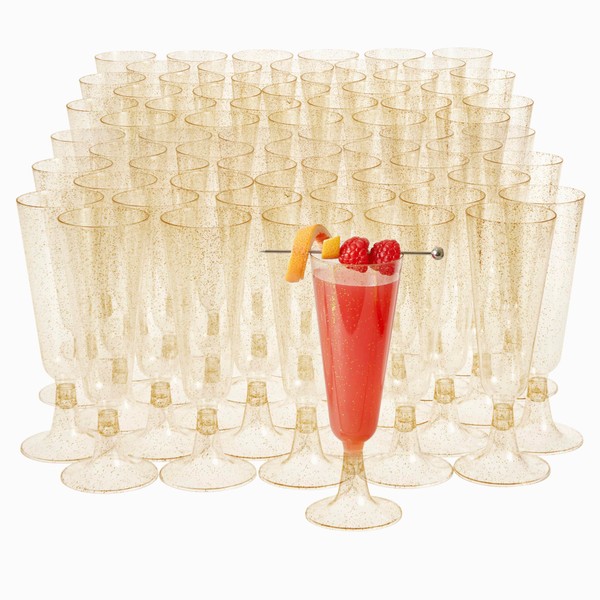 MATANA 150 Premium Plastic Champagne Flutes with Gold Glitter, 150ml