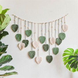 Herfair Macrame Wall Hanging Boho Decoration, Large Tapestry, Woven Wall Hanging Boho with Wooden Beads and Leaves, for Outdoor, Living Room, Bedroom, Indoor, Gifts, 120 x 75 cm