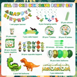Dinosaur Birthday Decorations, Dinosaur Party Supplies for Boys, 20 Serves Include Plates Napkins Sets Tablecloth Straws Toppers Happy Birthday Banner Balloons (256Pcs) (Set of 20)