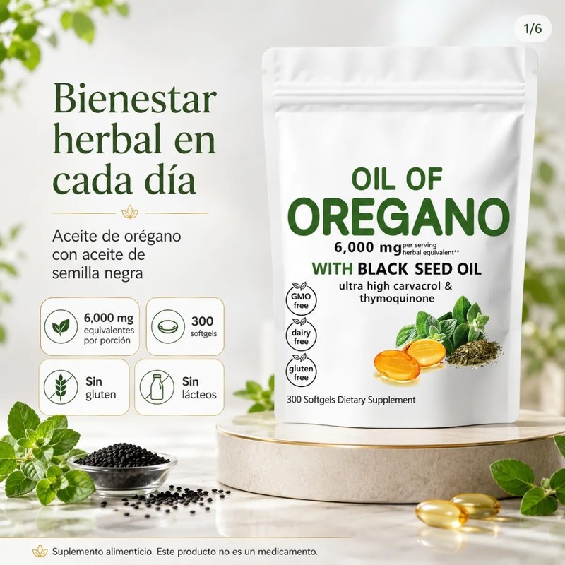Aceite De Orégano Con Semilla Negra 300 Cápsulas 6000 Mg
