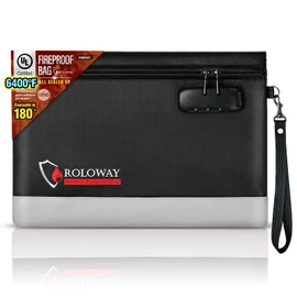 ROLOWAY Fireproof Money Bag with Lock for Cash, 6400°F Fire Proof Document Bag (12.2 x 8.5 x 1.6 inches), Money Pouch with Zipper (Black)