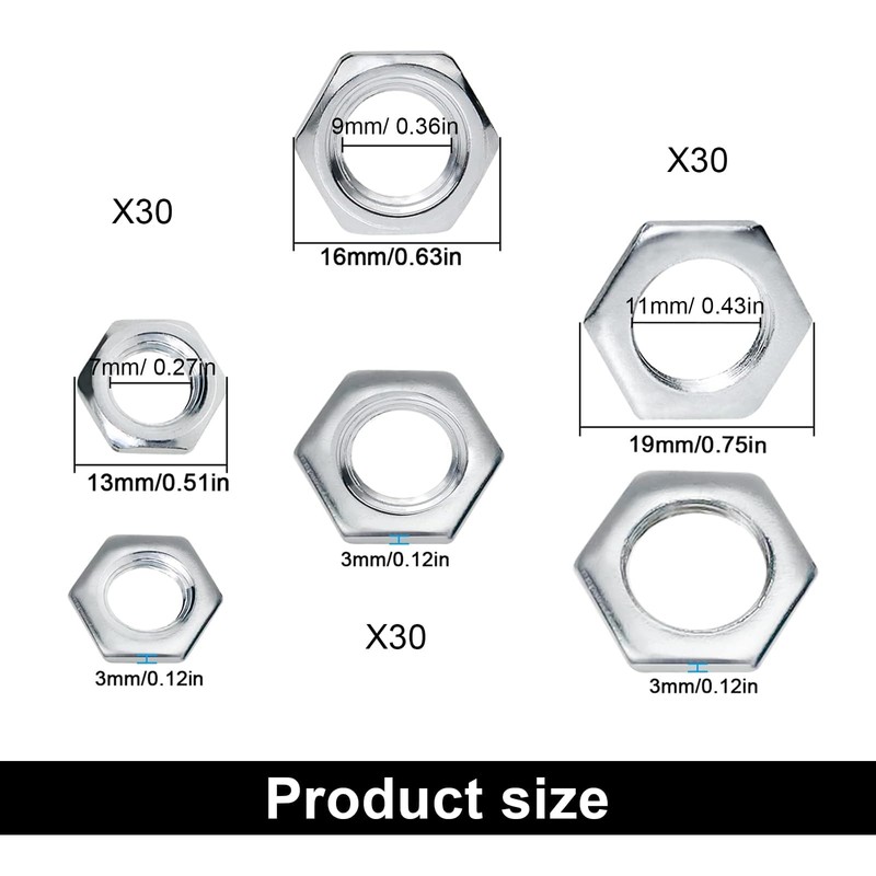 HSUYUN Set of 90 Nuts, M8, M10, M12, Fine Thread