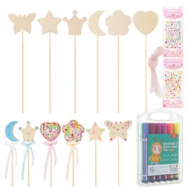 Smavles DIY Magic Wand Children, Princess Wand Crafts, Pack of 12 Wooden Wand with 2 Stickers, Bright Ribbons, 12 Colours Watercolour Pencils, Children's Birthday Crafts for Gift Party