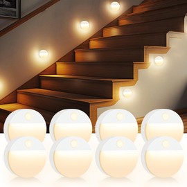 Guankai 8 Pack Motion Sensor Stair Light for Indoor, Battery Operated Night Lights, Led Stick On Puck Lighting Closet Lamp, Motion Activated Lamps for Step, Cabinet, Hallway, Bathroom