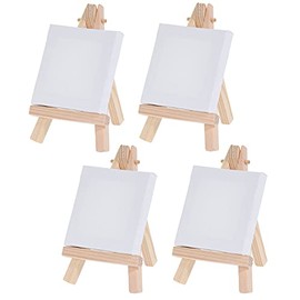 Pack of 4 Mini Easels with Canvas 6.5 x 6.5 cm, Wooden Easels Mini Canvases on Stretcher Frame, Table Decoration White, Easel 10 x 7 cm