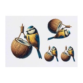 4 x 'Blue Tit On Coconut Shell' Temporary Tattoos - Water Resistant, Skin-Safe, Non-Toxic Transfers, Mixed Sizes (TO00077340)