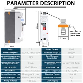 shengbowi Main DC 200 Amp Circuit Breaker AC Disconnect Switch 1 Poles 550V Battery Thermal Magnetic Trip Power Solar UPS Station