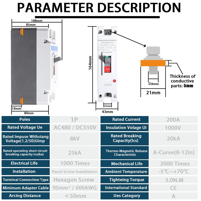 shengbowi Main DC 200 Amp Circuit Breaker AC Disconnect Switch