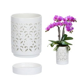 mwellewm Orchid Pot with Holes Ceramic Plant Pots Indoor Outdoor Flower Pots for Repotting with Drainage and Saucer 4 Inch Breathable Slotted Orchids Planter (White)