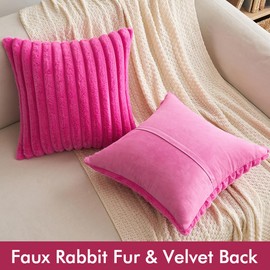 MIULEE Hot Pink Throw Pillow Covers 20x20 Inch Set of 2 Fuzzy Striped Soft Pillowcase with Velvet Back Faux Rabbit Fur Cushion Covers Decorative Home Pillows for Sofa Couch Bedroom Car