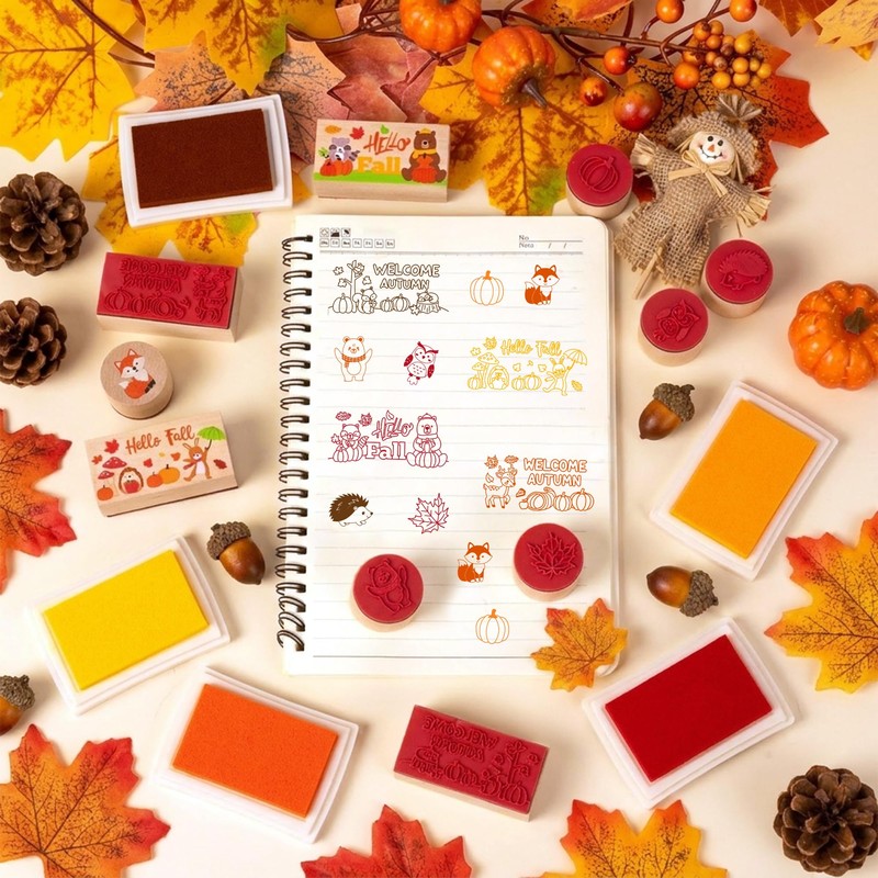 15Pcs Fall Wooden Rubber Stamps Set Autumn DIY Craft Card
