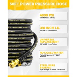 POHIR Pressure Washer Gun and 4800psi Hose 3/8'' 50FT Kit, Power Washing Hose Steel Braided with 40'' Extension Wand & M22-14/15mm Fitting & 7 Nozzle Tips for Cleaning