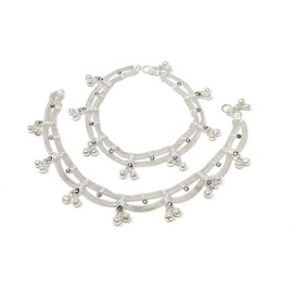 Traditional Indian Jhanjar Silver Bells Anklet Payal Set for Women in White Stones - Dancing Bohemian Beach Party - Duel On Jewel