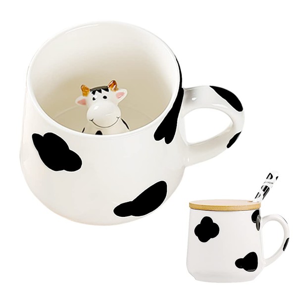 BigNoseDeer Cute Ceramic Cow Mug with 3D Cow Inside, Cow Print Cute Mugs with lid spoon,Cute Stuff Coffee Mug Birthday Gifts Christmas Gifts for Women Kids 13oz