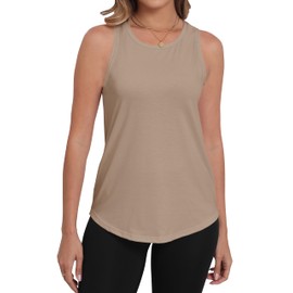 PRIMODA Womens Sleeveless Tank Tops Crew Neck Loose Fit Summer Casual Flowy Curved Tunic Shirt (Beige M)