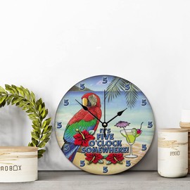 It 5 Oclock Somewhere Wall Clock Parrot Martini Retired Wood Clock 10 inch Wall Clock Battery Operated Silent Non Farmhouse Wall Decor Home Decor for Bathroom Kitchen Living Room Bedroom