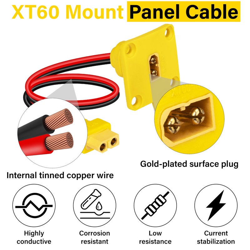 XT60 Male to Female Mount Panel Cable, 12AWG Gold Plated