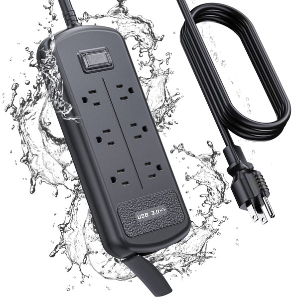 Surge Protector Power Strip 10ft Long Extension Cord, Indoor Outdoor Waterproof 6 Outlets 3 USB Ports, Wall Mountable, Safe for Desktop Home Office Patio, Dorm Room Essentials, Black