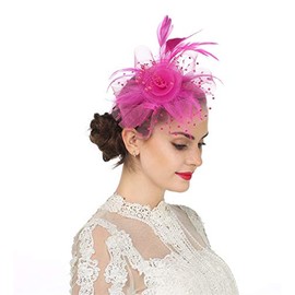 Fascinator Women's Organza Church Kentucky Derby British Bridal Tea Party Wedding Hat Summer Ruffle Hat(Hj4-Fuschia)