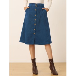Allegra K Women's Christmas Costumes High Waist Midi Skirts A-Line Button Front Belted Corduroy Skirt Peacock Blue Medium