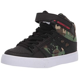 DC Boy's Pure High Top EV Skate Shoes with Ankle Strap and Elastic Laces, Black Camo, 2 Little Kid