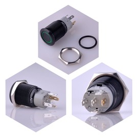 Ulincos® Momentary Push Button Switch U16F1 1NO1NC Black Metal Shell with Green LED Ring Suitable for 16mm 5/8" Mounting Hole (Green)