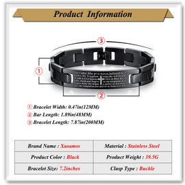 Xusamss Mens Stainless Steel Link Bracelet Cross Lords Prayer Wristband for Men, Fashion Curb Chain Bracelet, Bible Verse Link Bracelet(Black)