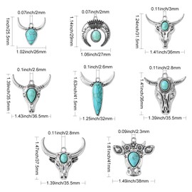 Stiesy 16Pcs 8 Styles Western Cowboy Turquoise Charms Antique Silver Cattle Head Charms Vintage Ox Horn Pendants Charms Tibetan Animal Head Charms for Jewellry Making Earring Present