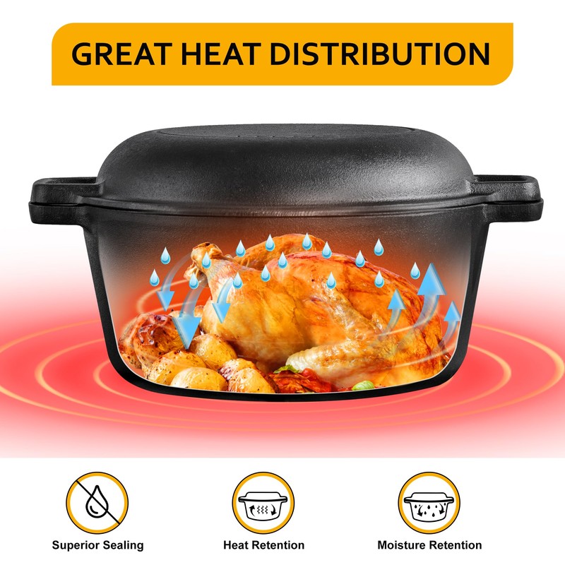 Velaze Cast Iron Dutch Oven Pot with Skillet Lid, 2-in-1