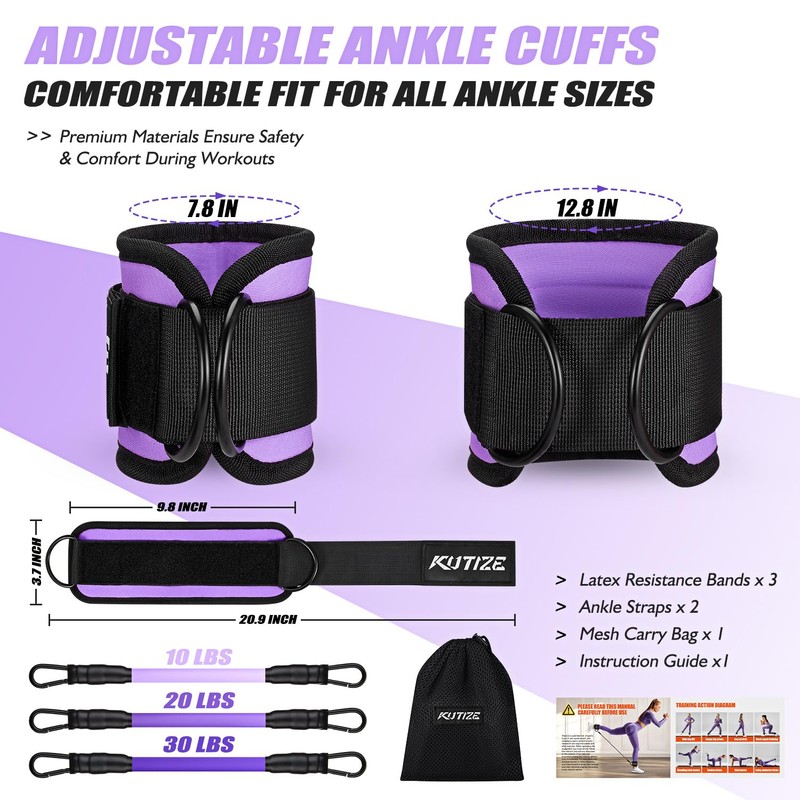 KUTIZE Ankle Resistance Bands with Cuffs & Training Guide, Women's