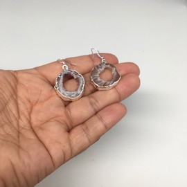 37.5cts, 1.7" Agate Druzy Slice Handmade Electroplated Silver Plated Free Form Drop Earrings@ Brazil, will ship exact item,BE152