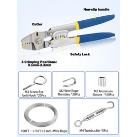 TooTaci Wire Rope Crimping Tool Kit, 100ft 1/16 Stainless Steel Cable with Turnbuckles for Cables Wire, 7×7 Strands Steel Cable for String Lights Hanging, Picture Hanging, Garden Trellis