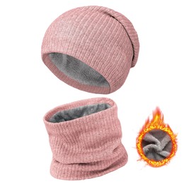 ehsbuy Winter Hat and Loop Scarf Set Men's Warm Knitted Hats Tube Scarf Warm Knitted Circle Scarf with Thermal Thick Fleece Lining Gifts for Men Women, pink