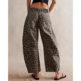 Wayolyn Leopard Barrel Jeans Women Cheetah Pants Leopard Print Wide Leg Y2k Jeans (Brown, Small)