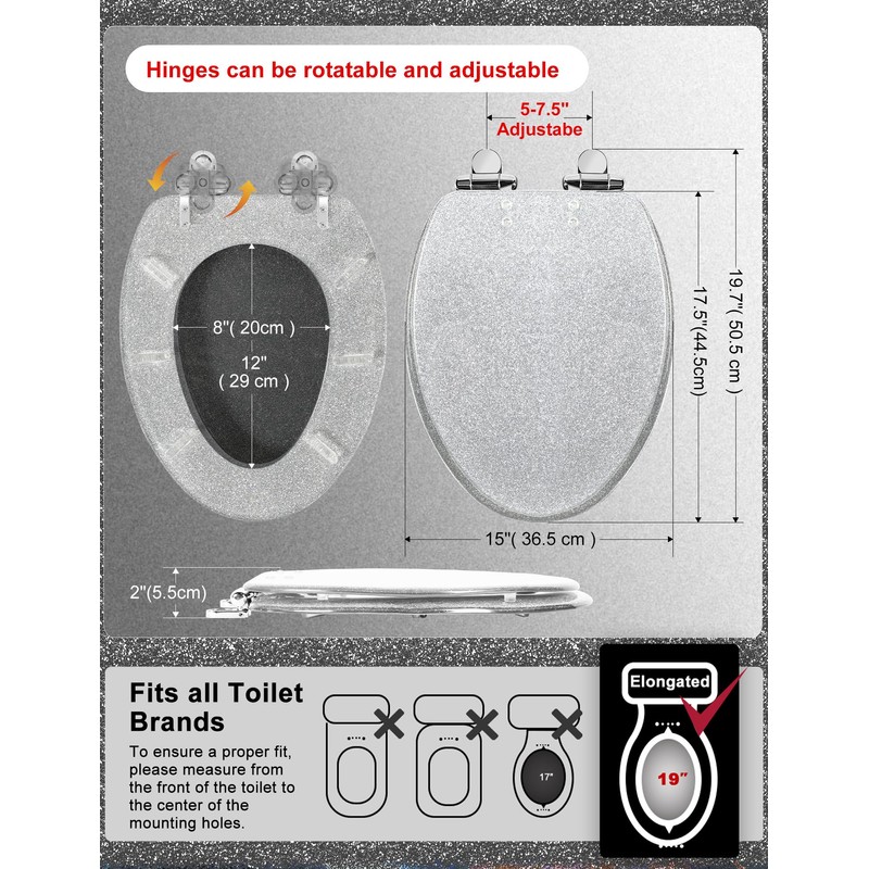 Toilet Seat Resin Elongated Silver Glitter Slow Quiet-Close Heavy Duty