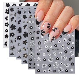 OSTTMA 6 Sheets Black White Flower Nail Art Stickers Decals, 3D Self-Adhesive Floral Nail Decorations, DIY Manicure Decor Accessories