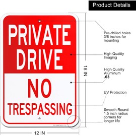 CreakStone private driveway sign, (1 Pack) 12' X 18'Private Drive No Trespassing Sign, Rust Free Heavy Duty Aluminum Private Road Reflective Warning Signs,Easy to Mount,Outdoor use (Reflective-red 1pcs)