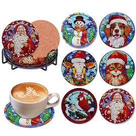 Syunyin Diamond Painting Coasters Christmas with Holder, Pack of 6 DIY Diamond Painting Christmas Adults Coffee Diamond Cup Coaster Kits for Adults, 5D Craft Drinks Coasters