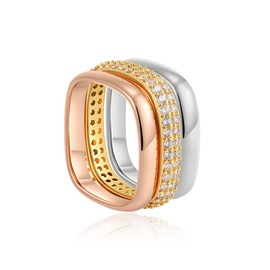 C-leen Gold Stackable Rings for Women Non Tarnish, Dainty 18k Real Gold Plated Cubic Zirconiz Diamond Knuckle Pinky Ring Tricolor Chunky Silver Rose Gold Rings Set Jewelry for Women Gift Size 6-10