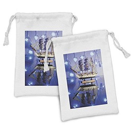 Ambesonne Nautical Fabric Pouch Set of 2, Close up Photo Model of a Ship with Sails on Blurry Background Maritime Themed, Small Drawstring Bag for Toiletries Masks and Favors, 9" x 6", Blue and Brown