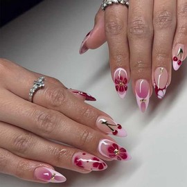 Foccna Press on Nails Acrylic Almond Medium Long Red Fake Nails Flower Design Glossy False Nail Tips Artificial Nails Finger Manicure for Women and Girls 24pcs