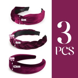 BOOMTOP Pack of 3 Velvet Headband Dirndl Costume Hair Accessories Braided Headband Wide Hair Band Padded Headband with Knot Vintage Headband for Women and Girls Carnival Theme Party Red