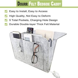 DOURR Felt Bedside Caddy, Bedside Pocket Caddy Bed Organizer Storage Inside with 5 Pockets and Charging Cable Hole for Organizing Tablet Magazine Phone Small Things Holder (Gray)