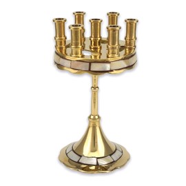 Orthodox Candle Holder - 7 Candle Brass Candelabra with Mother of Pearl Inlay, Home Icon Altar, Prayer Corner, Height: 5.9 inch