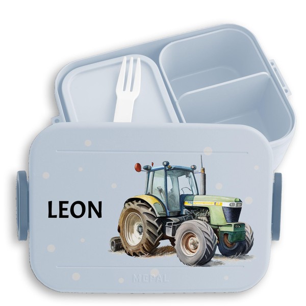 BBK223 Children's Mepal Bento Box Midi Lunch Box Bento Box Personalised with Name - Tractor - Tractor Children's Tug Bulldog - 900 ml - Light Blue - for Tractor Fans Lunch Boxes