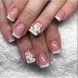 Handmade Nails 3D Embossed Press on Nails Short Square MABKJLF White French Tip Fake Nails Flower False Nails with Floral Designs Full Cover Glossy Glue on Nails Acrylic Nails for Women Girls 24 Pcs