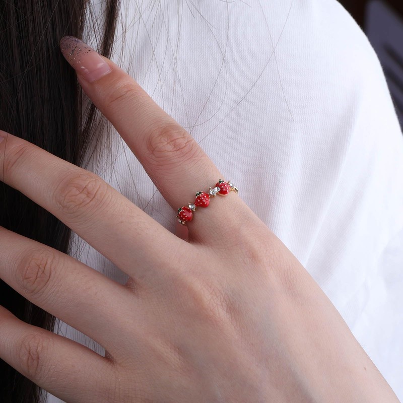 Enautoabs Cute Crystal Red Strawberry Ring Ting Gold Plated Strawberry